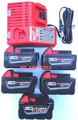 (5) New 18V Milwaukee 48-11-1850 5.0 AH Batteries, (1) Charger, M18 18 Volt Red