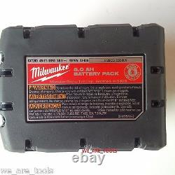 (5) New 18V Milwaukee 48-11-1850 5.0 AH Batteries, (1) Charger, M18 18 Volt Red