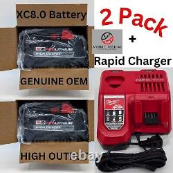 Genuine Milwaukee M18 2 Pack XC8.0 HIGH OUTPUT 8.0 Ah Battery with Rapid Charger