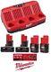 New Milwaukee 48-59-1204 M12 Four-bay Sequential Battery Charger & 4 Batteries