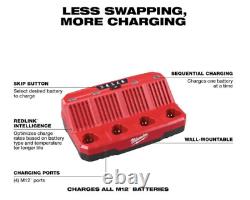 New Milwaukee 48-59-1204 M12 Four-Bay Sequential Battery Charger & 4 Batteries